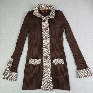 Bellina Cardigan Women Medium Brown Longline Ribbed Knit Tweed Trim Button Front